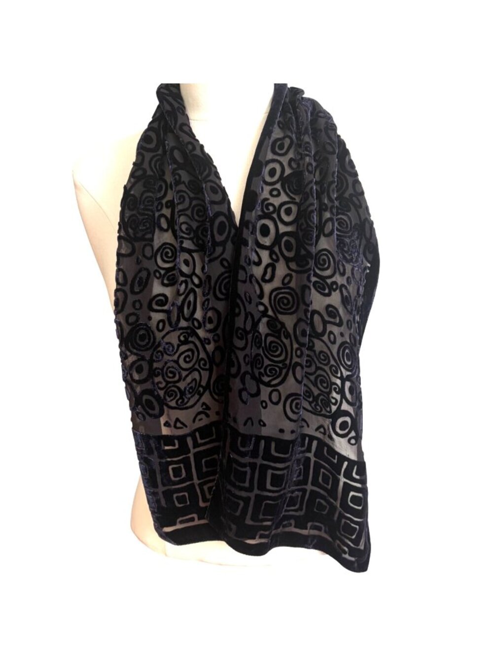 RedFish Designs Black Velvet Burnout Scarf Silk Blend Sheer Whimsigoth Witchy